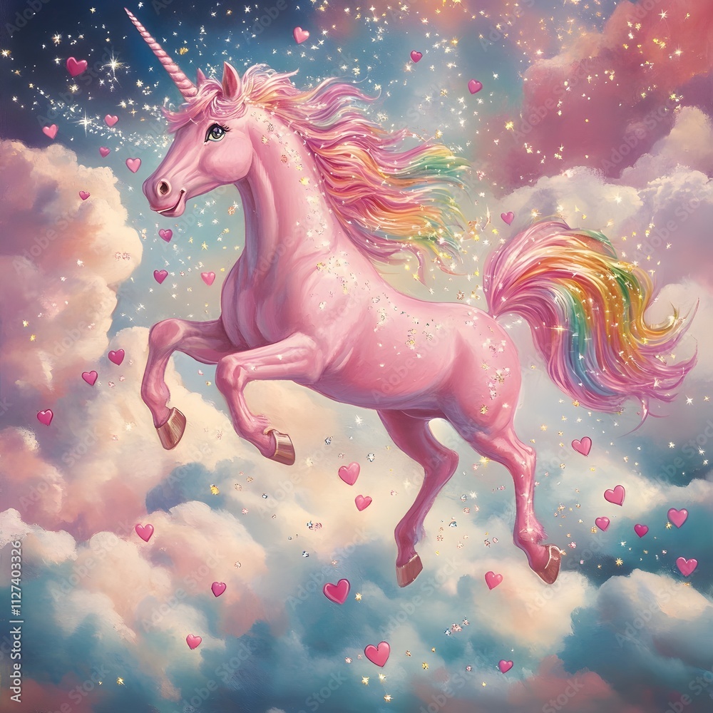 Magical Pink Unicorn Flying Through Dreamy Cloudy Sky with Hearts Magical Pink Unicorn Flying Through Dreamy Cloudy Sky with Hearts
