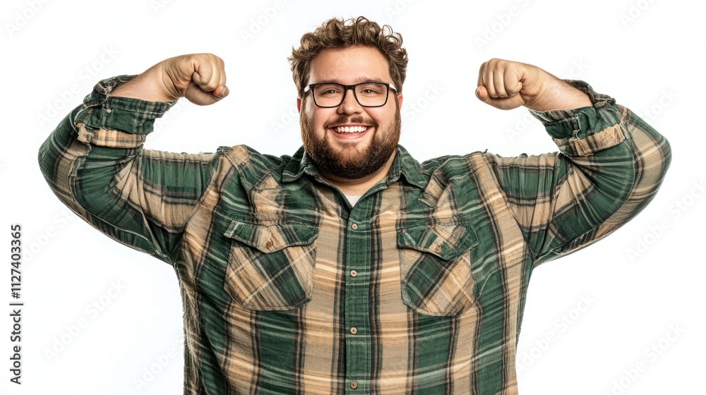 Naklejka premium Happy Plus-Size Man Flexing Muscles, Studio Shot