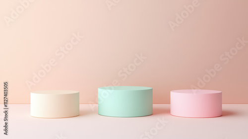 Three round pedestals are standing on a pink background