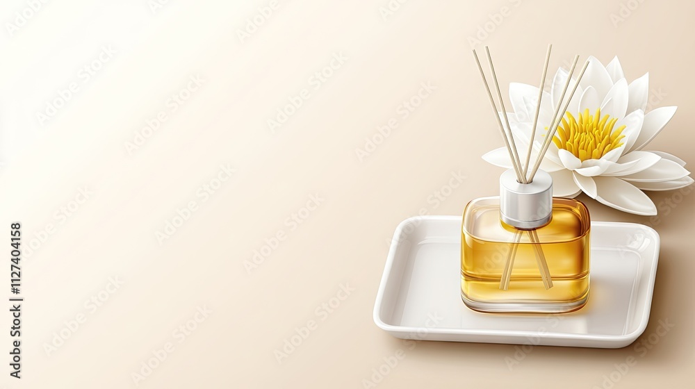 Amber glass diffuser filled with fragrant oil and reed sticks is beautifully arranged on a white ceramic tray, alongside a delicate lotus flower on a soft cream background Amber glass diffuser filled with fragrant oil and reed sticks is beautifully arranged on a white ceramic tray, alongside a delicate lotus flower on a soft cream background