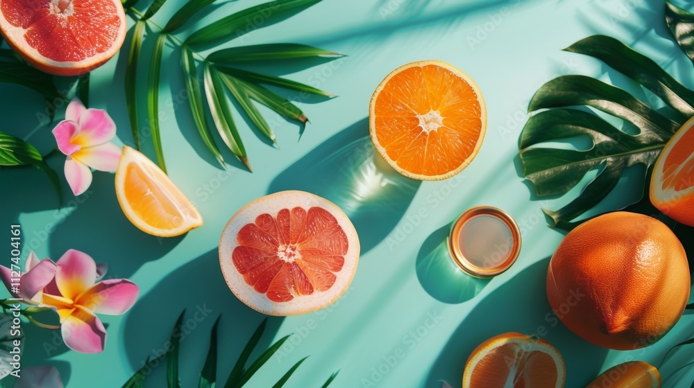 Citrus fruits and flowers on a tropical background Citrus fruits and flowers on a tropical background