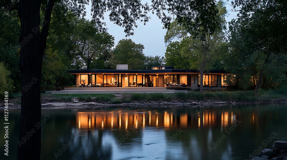 Obraz premium Modern riverside house illuminated at dusk, reflecting in calm water.