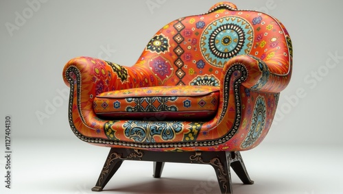 Vibrant and colorful armchair with intricate ethnic patterns, artistic design, and luxurious detailing, blending tradition with modern creativity. Generative, AI. photo