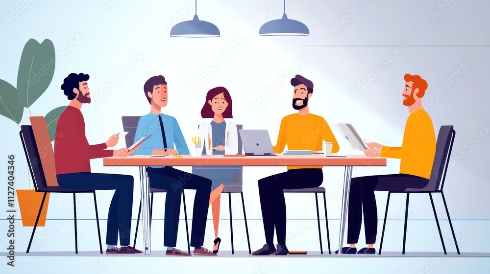Business people engaged in a strategy meeting. Team members sitting around a conference table, discussing important data and moving forward with key business decisions. Business people engaged in a strategy meeting. Team members sitting around a conference table, discussing important data and moving forward with key business decisions.