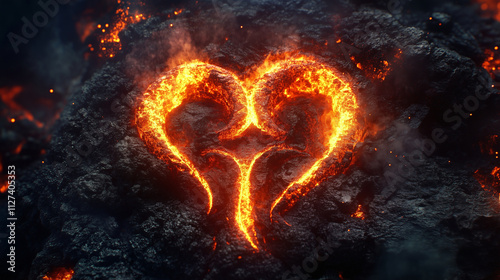 A fiery Aries symbol etched into molten rock, with smoke rising and embers glowing around it photo