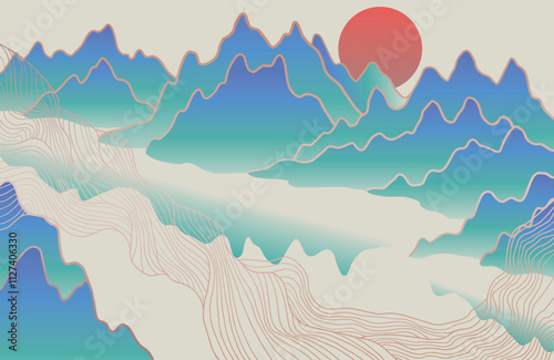 abstract japanese landscape on light background with gradient	