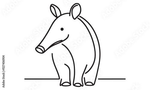 Line Art Illustration of a Cute Tapir Standing on a White Background