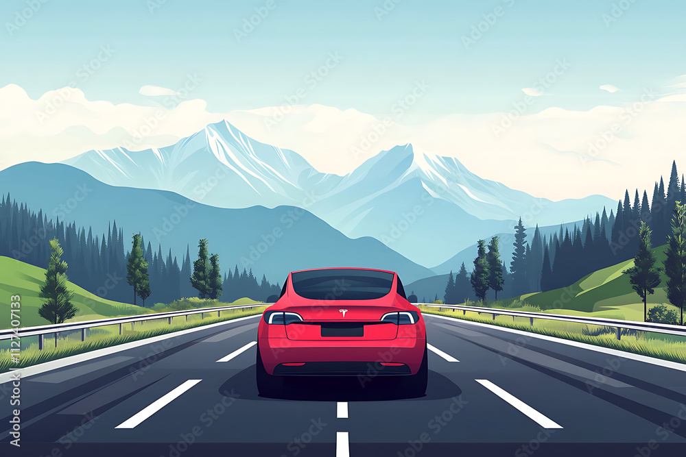 Naklejka premium A red car drives on a highway surrounded by mountains and greenery.