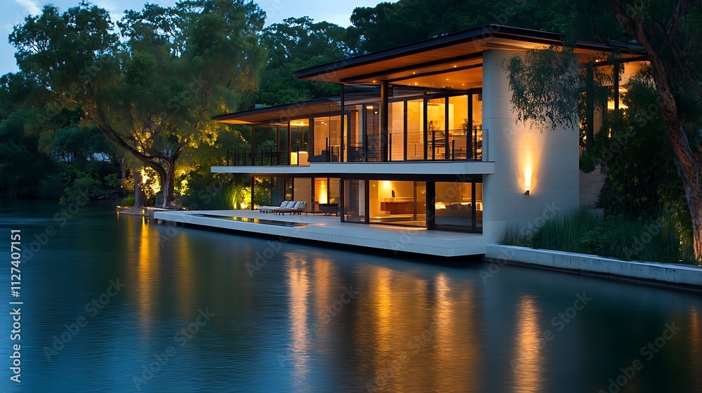 Obraz premium Modern waterfront house at dusk, illuminated windows reflect on calm water.