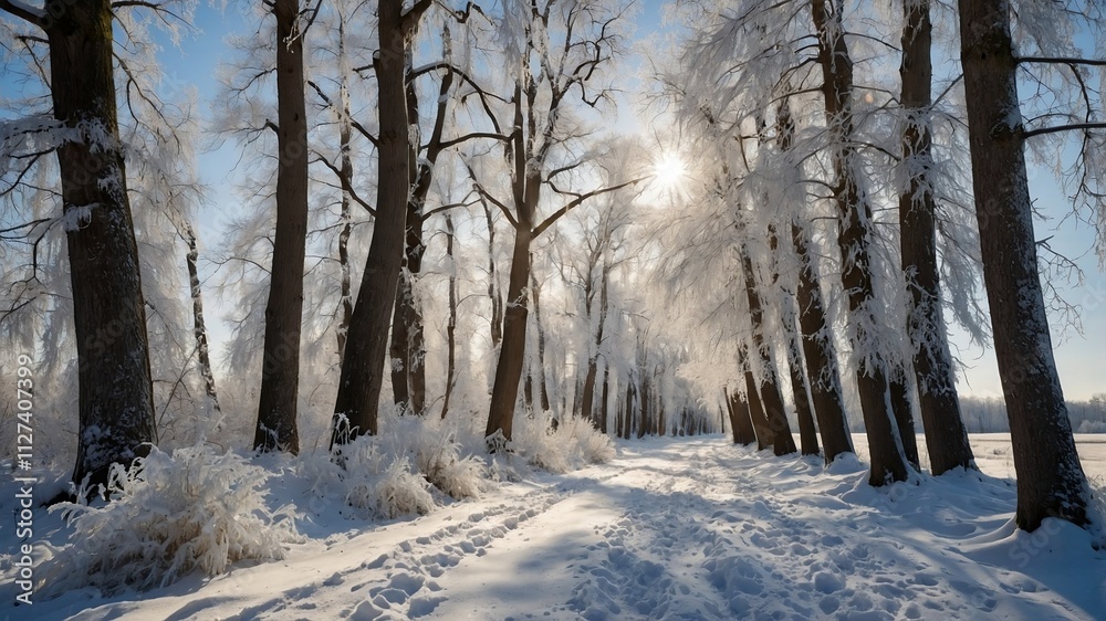 Naklejka premium winter landscape with snow-covered trees and a path running through it