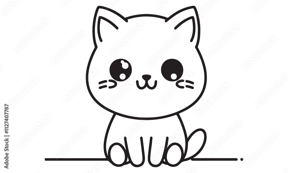 Adorable Cartoon Cat Illustration: A Simple Black and White Line Drawing of a Cute Sitting Kitten with Big Eyes