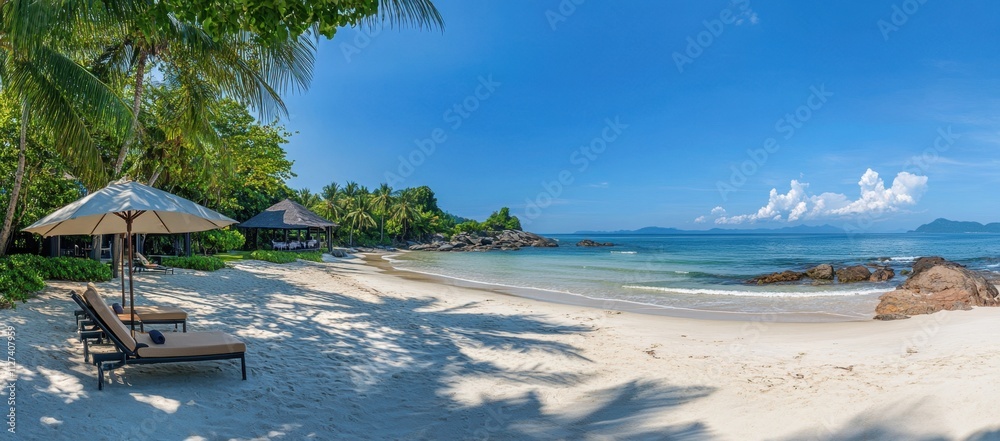 Naklejka premium A beautiful tropical beach with white sand, palm trees, and two sun loungers under an umbrella A panoramic view of nature in summertime Generative AI