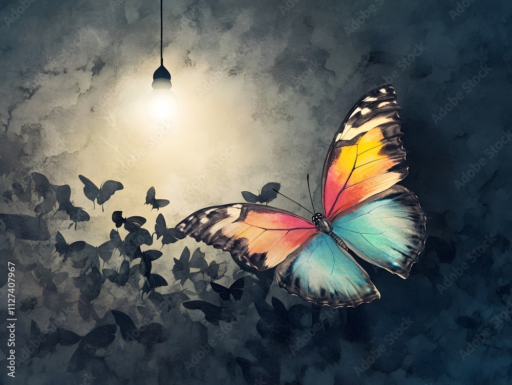 Fototapeta premium Colorful Butterfly Under a Soft Light Surrounded by Shadows