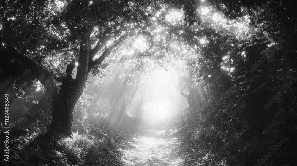 Sunlit path through magical, glittering forest. Sunlit path through magical, glittering forest.