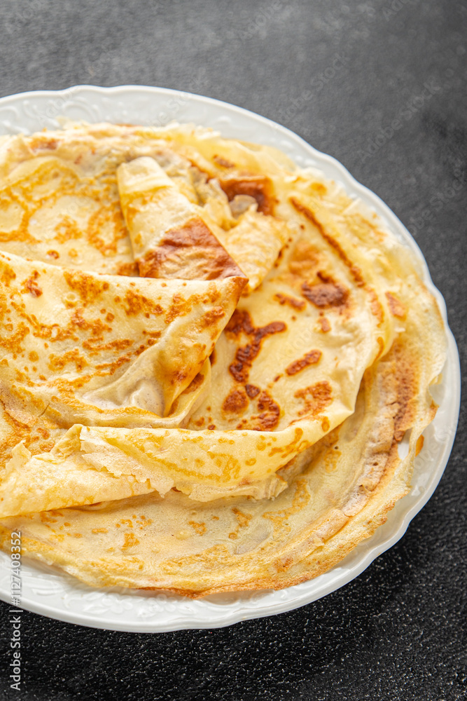 Crepe pancake sweet breakfast or dessert tasty food dish Fresh delicious gourmet food background on the table rustic food top view copy space top view Crepe pancake sweet breakfast or dessert tasty food dish Fresh delicious gourmet food background on the table rustic food top view copy space top view
