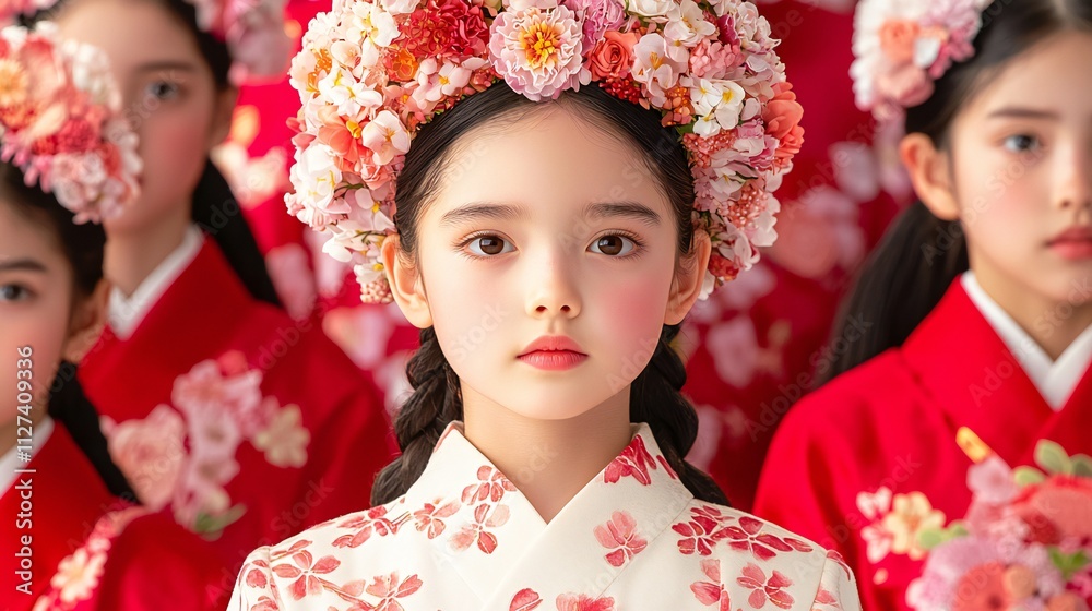 Adorable Girl in Floral Headband Kimono Asian Culture Spring Blossom Festival Adorable Girl in Floral Headband Kimono Asian Culture Spring Blossom Festival