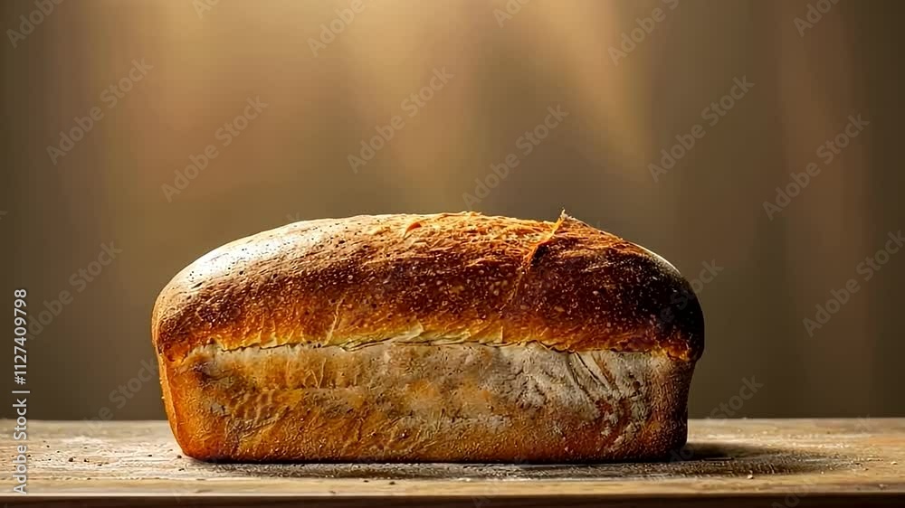 Freshly baked loaf of bread on rustic table, symbolizing home baking and harvest season