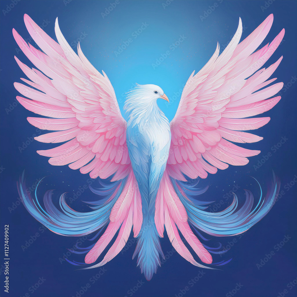 Obraz premium A majestic bird with spread pink and white wings is illustrated against a deep blue background.