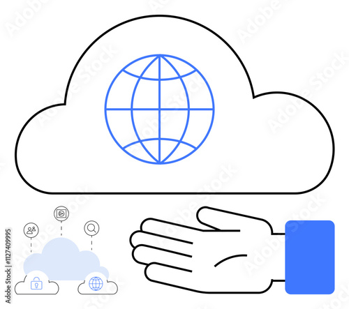 Large cloud with a globe, open hand, three smaller clouds with interconnected network icons. Ideal for data storage, digital security, global connectivity, technology, cloud hosting, support