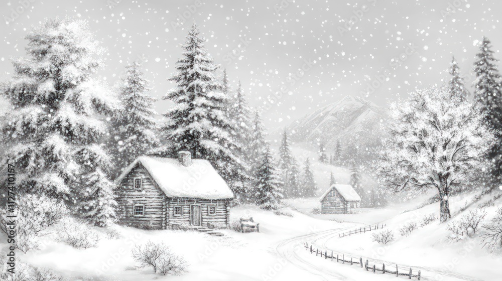 Naklejka premium Snowy cabins, winter wonderland, snow falling.