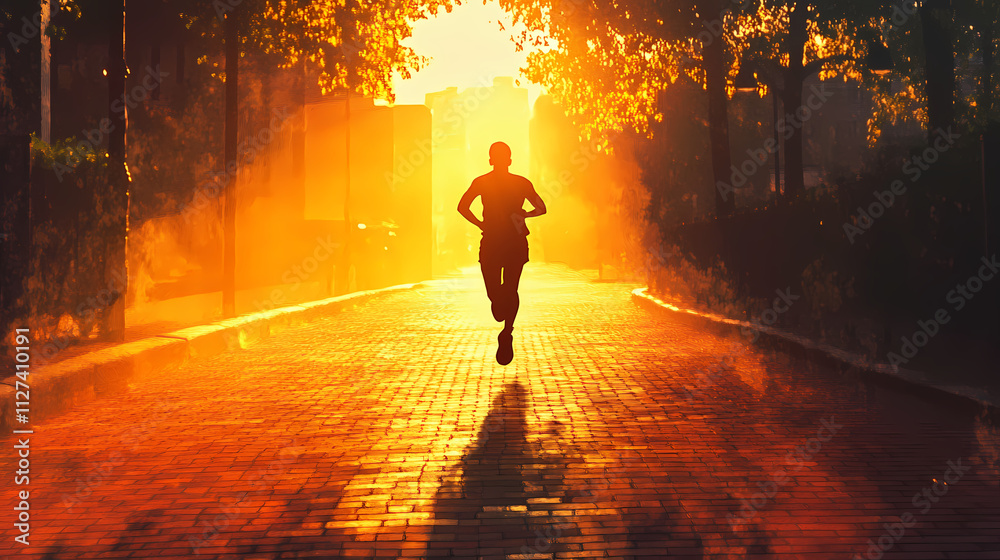 Silhouetted runner sprinting down a vibrant brick paved street backlit by the warm glow of the rising or setting sun the image captures a sense of energy momentum. Momentum. Illustration Silhouetted runner sprinting down a vibrant brick paved street backlit by the warm glow of the rising or setting sun the image captures a sense of energy momentum. Momentum. Illustration