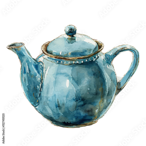 A watercolor illustration of a porcelain teapot, isolated on a white background. Porcelain teapot vector.