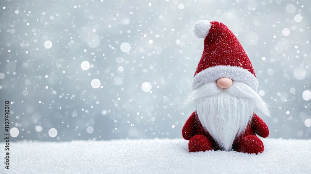 This delightful gnome with a long white beard and bright red hat sits nestled in fresh snow. Soft bokeh creates a whimsical background, enhancing the enchanting atmosphere of winter This delightful gnome with a long white beard and bright red hat sits nestled in fresh snow. Soft bokeh creates a whimsical background, enhancing the enchanting atmosphere of winter