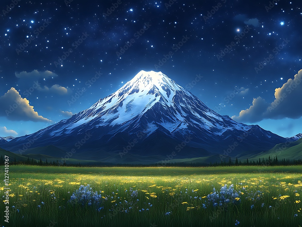 Fototapeta premium Majestic Snowcapped Mountain Under Starlit Night Sky