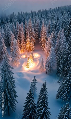 Wallpaper Mural drone shot rising over glowing winter forest, polar night in Lapland Torontodigital.ca