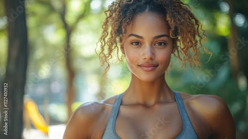 A young woman with curly hair stands confidently in a vibrant park, surrounded by greenery. Sunlight filters through the trees, highlighting her cheerful smile and athletic attire.