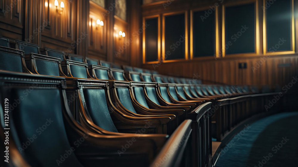 Fototapeta premium An Elegant Courtroom Interior Featuring Rich Wooden Panels and Luxurious Leather Seats