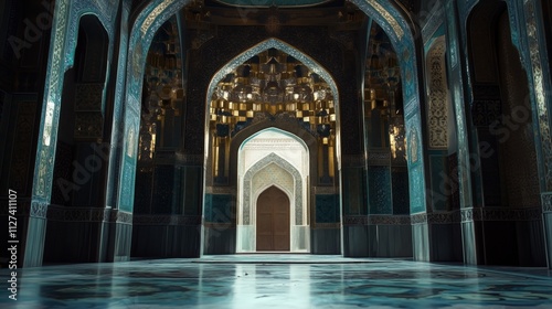 grand islamic interior with golden details and arched hallway