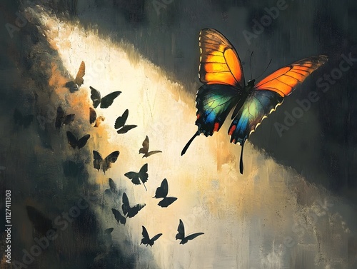 Vibrant Butterfly Surrounded by Shadowy Silhouettes in Light