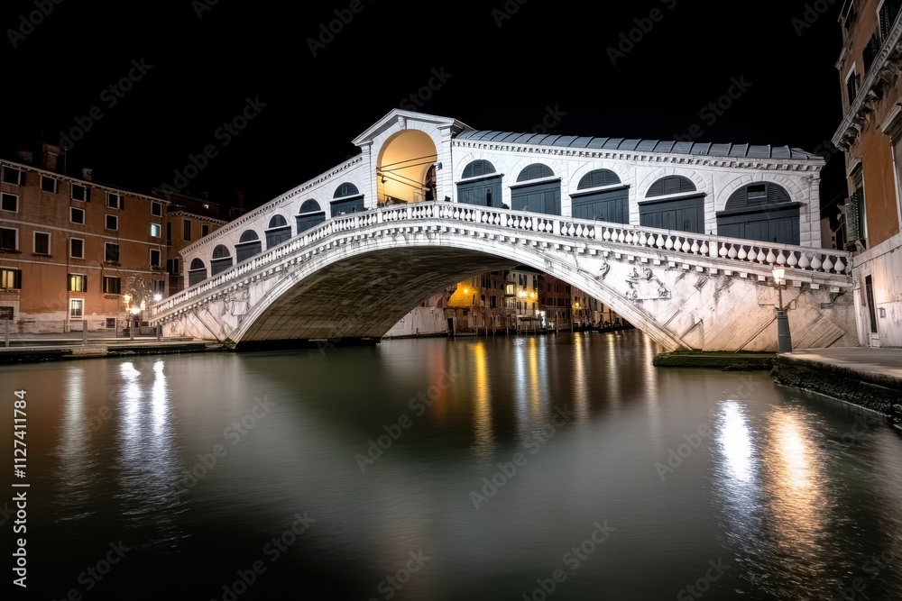 The Rialto Bridge majestically arches over a calm Venetian canal at night, capturing timeless elegance and architectural grandeur. The Rialto Bridge majestically arches over a calm Venetian canal at night, capturing timeless elegance and architectural grandeur.