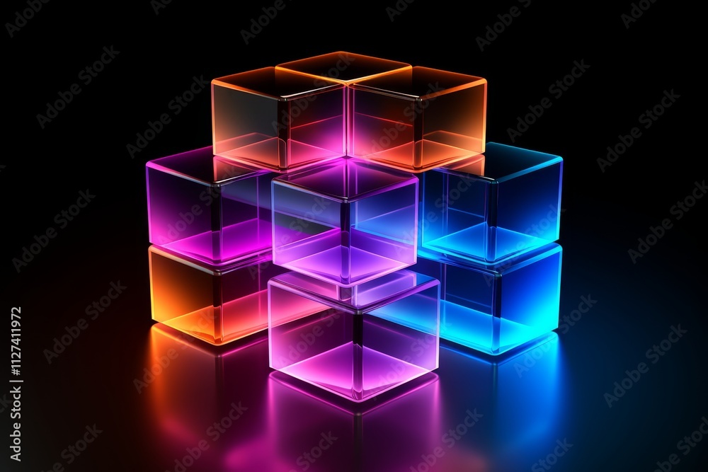 Modern composition of colorful geometric shapes cubes, spheres, and cylinders on black background Modern composition of colorful geometric shapes cubes, spheres, and cylinders on black background