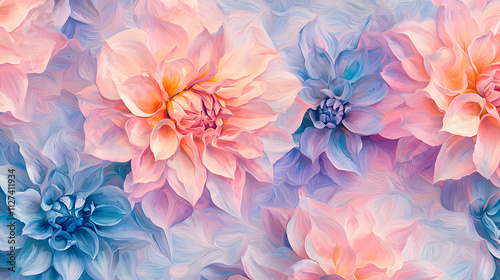 A painting of flowers with blue, pink, and purple colors