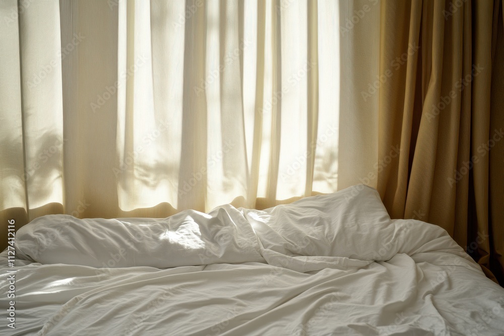 Sun-dappled white curtains gently veil a serene bedroom, embracing the warm light in a peaceful sanctuary. Sun-dappled white curtains gently veil a serene bedroom, embracing the warm light in a peaceful sanctuary.
