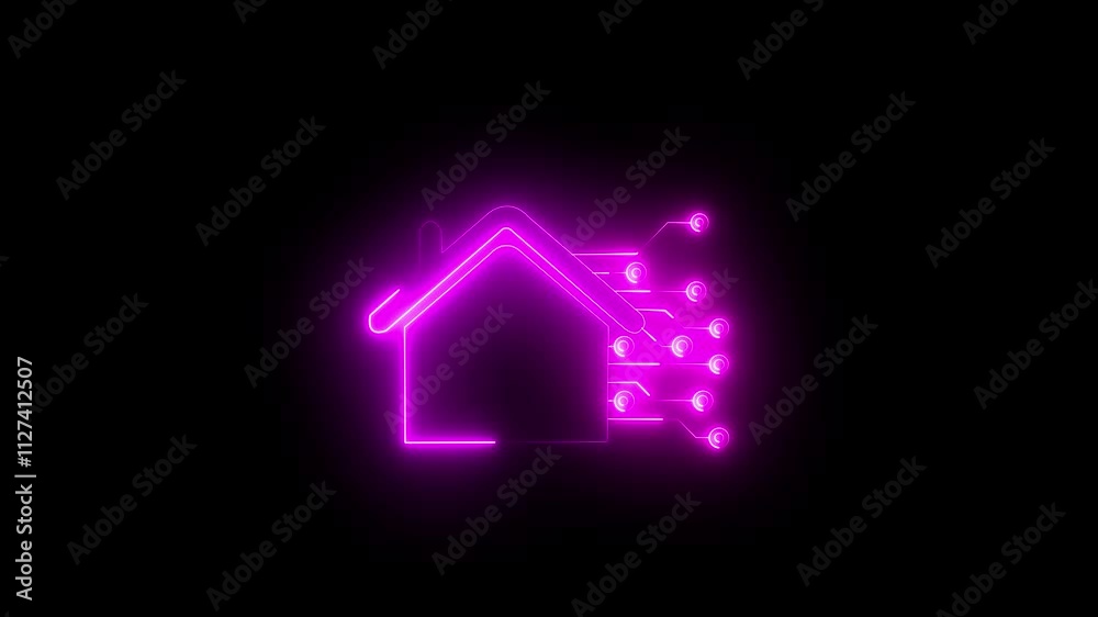 real estate concept artificial intelligence smart home symbol pink color energy with glowing neon effect House icon on circuit board. real estate concept artificial intelligence smart home symbol pink color energy with glowing neon effect House icon on circuit board.