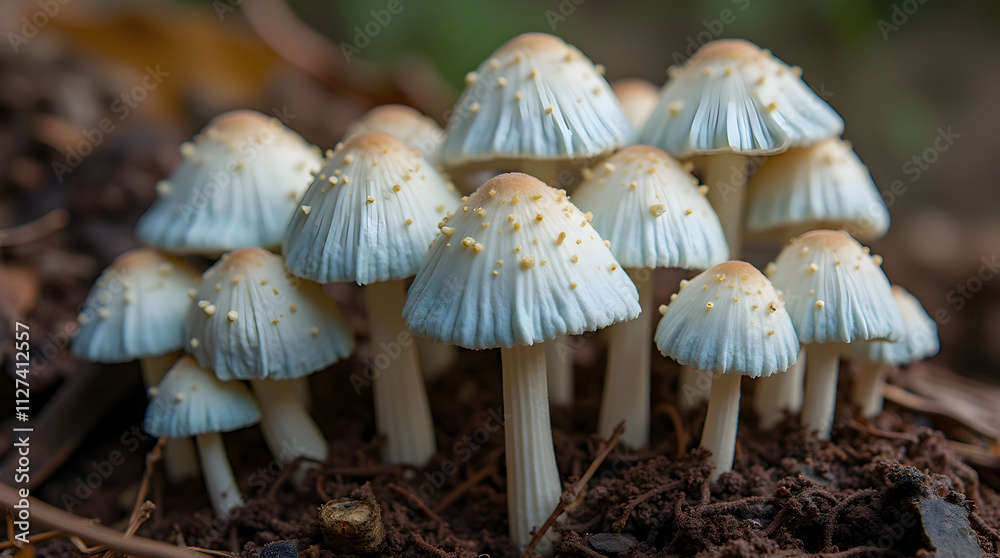 Captivating Cluster of Delicate Mushrooms Nestled in Earthy Forest Floor with Unique Caps