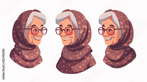Happy elderly woman in glasses and headscarf, vector illustration