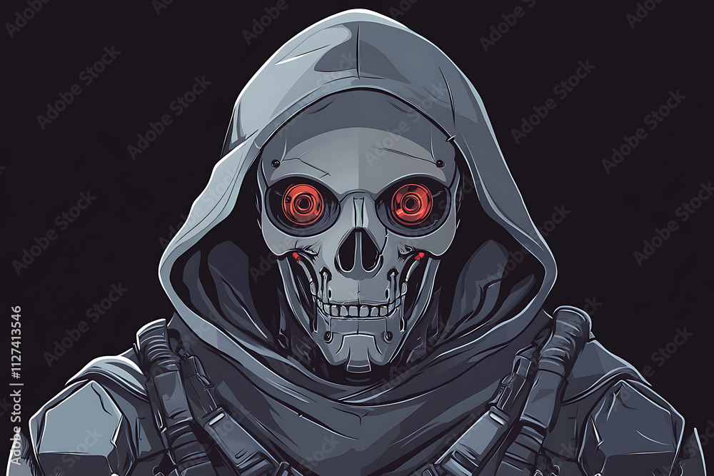 A robotic figure with a skull face and glowing red eyes, wearing a hooded cloak. A robotic figure with a skull face and glowing red eyes, wearing a hooded cloak.