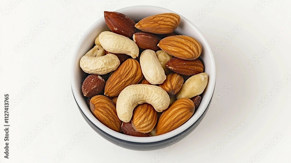 Assorted Nuts in a Black and White Bowl on White Background Assorted Nuts in a Black and White Bowl on White Background