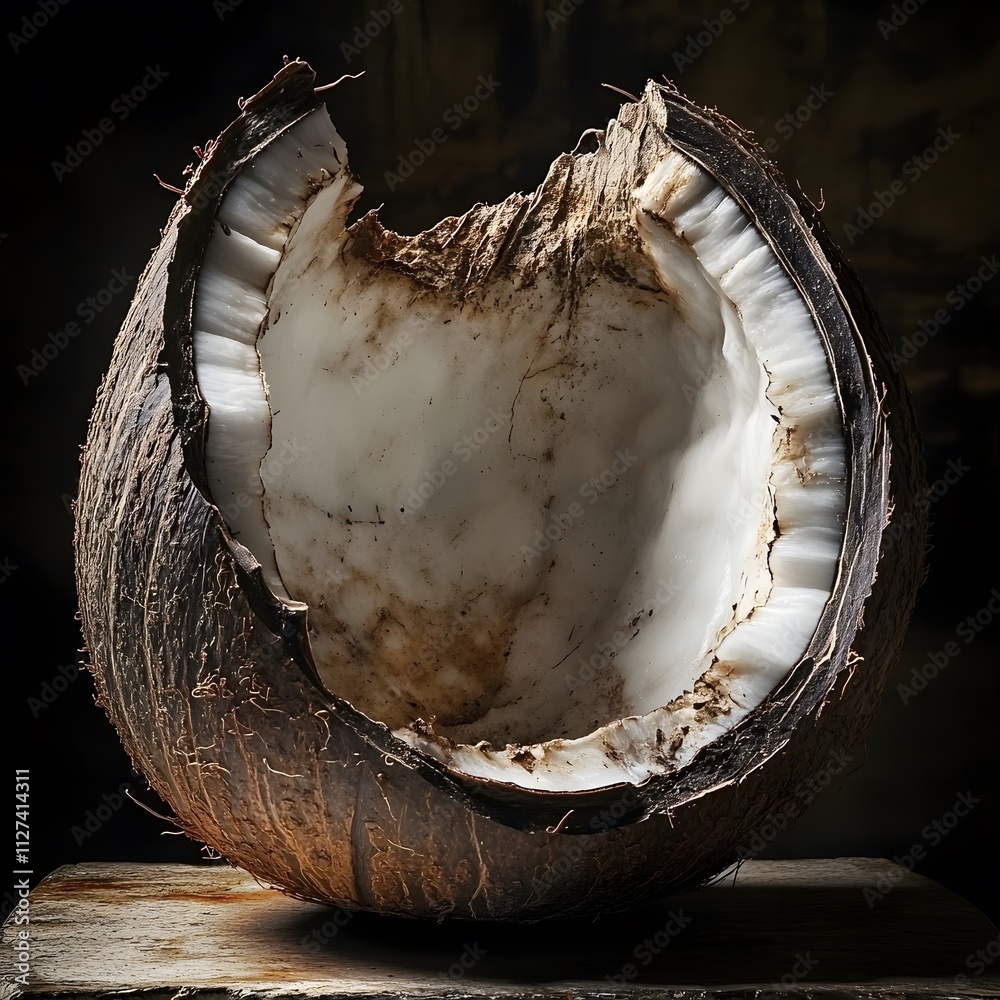 Freshly Cut Coconut Shell with Exposed White Flesh and Texture Freshly Cut Coconut Shell with Exposed White Flesh and Texture