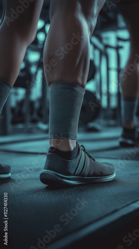 Close-up of feet with elastic bandage at gym photo