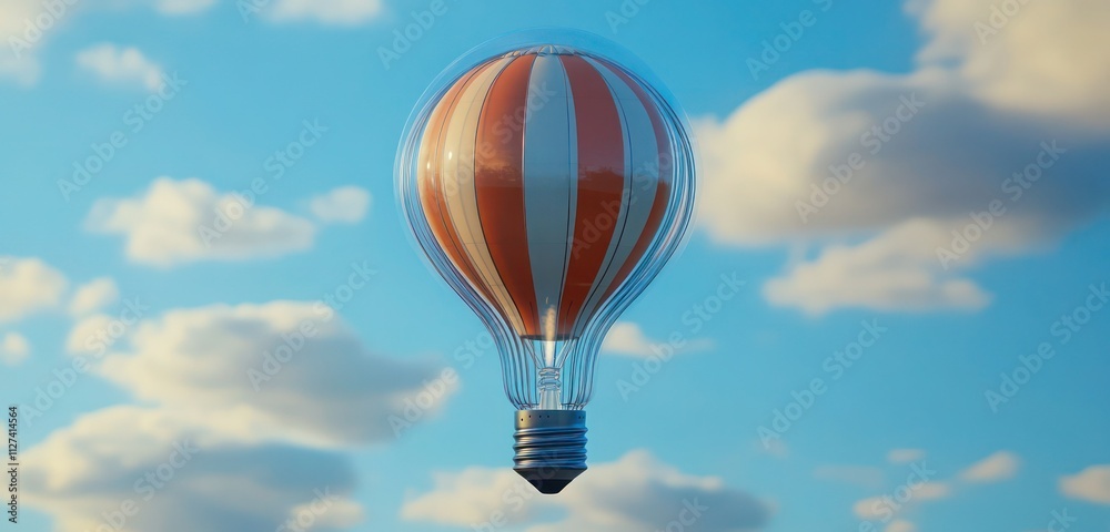 Naklejka premium A floating hot air balloon inside a light bulb, symbolizing freedom and vision, set against a sky-blue background.