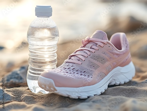 Pink athletic shoe and water bottle on sandy beach photo