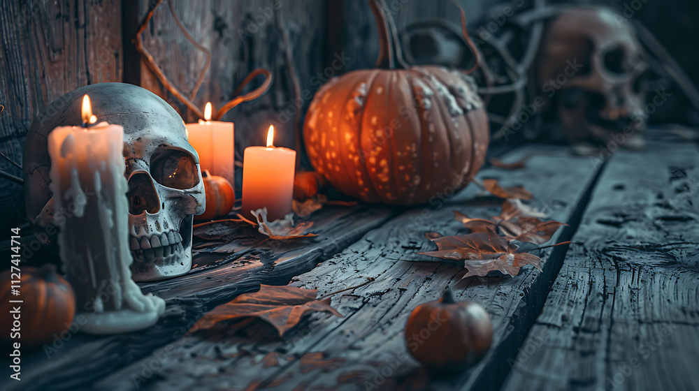 Halloween Still Life with Skull and Pumpkin Halloween Still Life with Skull and Pumpkin