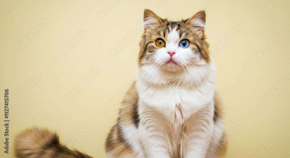 Obraz premium Adorable heterochromatic cat with striking multicolored eyes against a soft yellow background