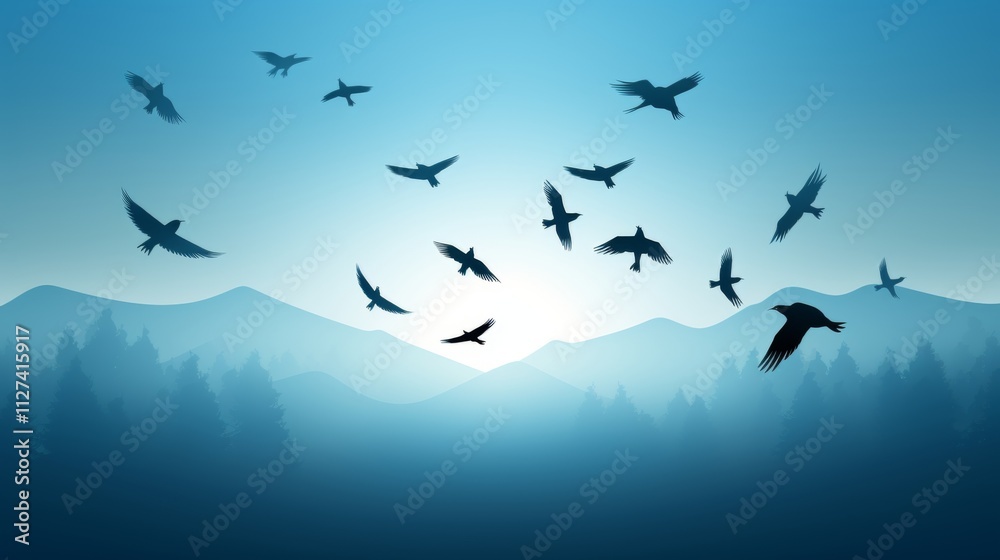 Obraz premium Silhouettes of birds soaring in a blue sky, capturing the essence of freedom and joy in flight.