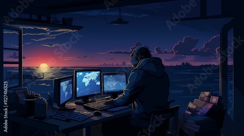 Silhouette of a programmer coding on a screen in dark blue and grey for a tech inspired atmosphere photo